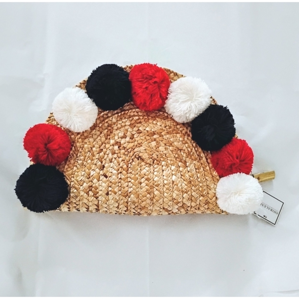 Straw Pom-Pom Clutch - Red, Blue & White